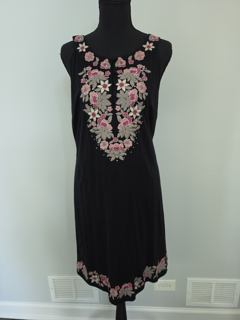Black Sleeveless Dress with Pink Floral Embroidery